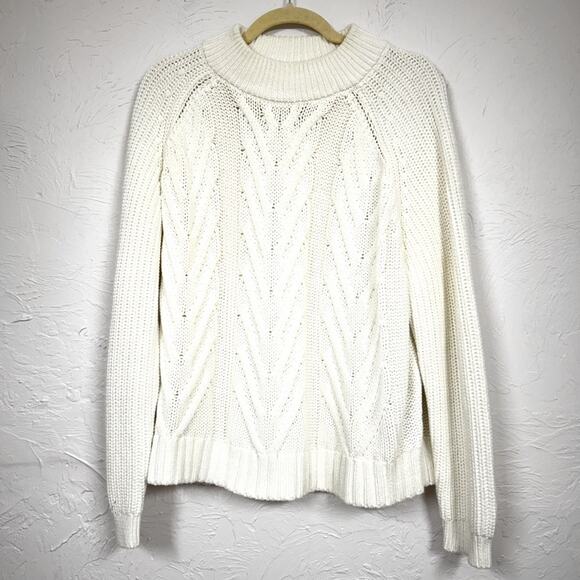 J Crew Winter White Chunky Knit Sweater Womens M Cable Casual Preppy Fall - Picture 1 of 11